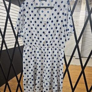 SHEIN White and Navy Polka Dot Button Front Dress
